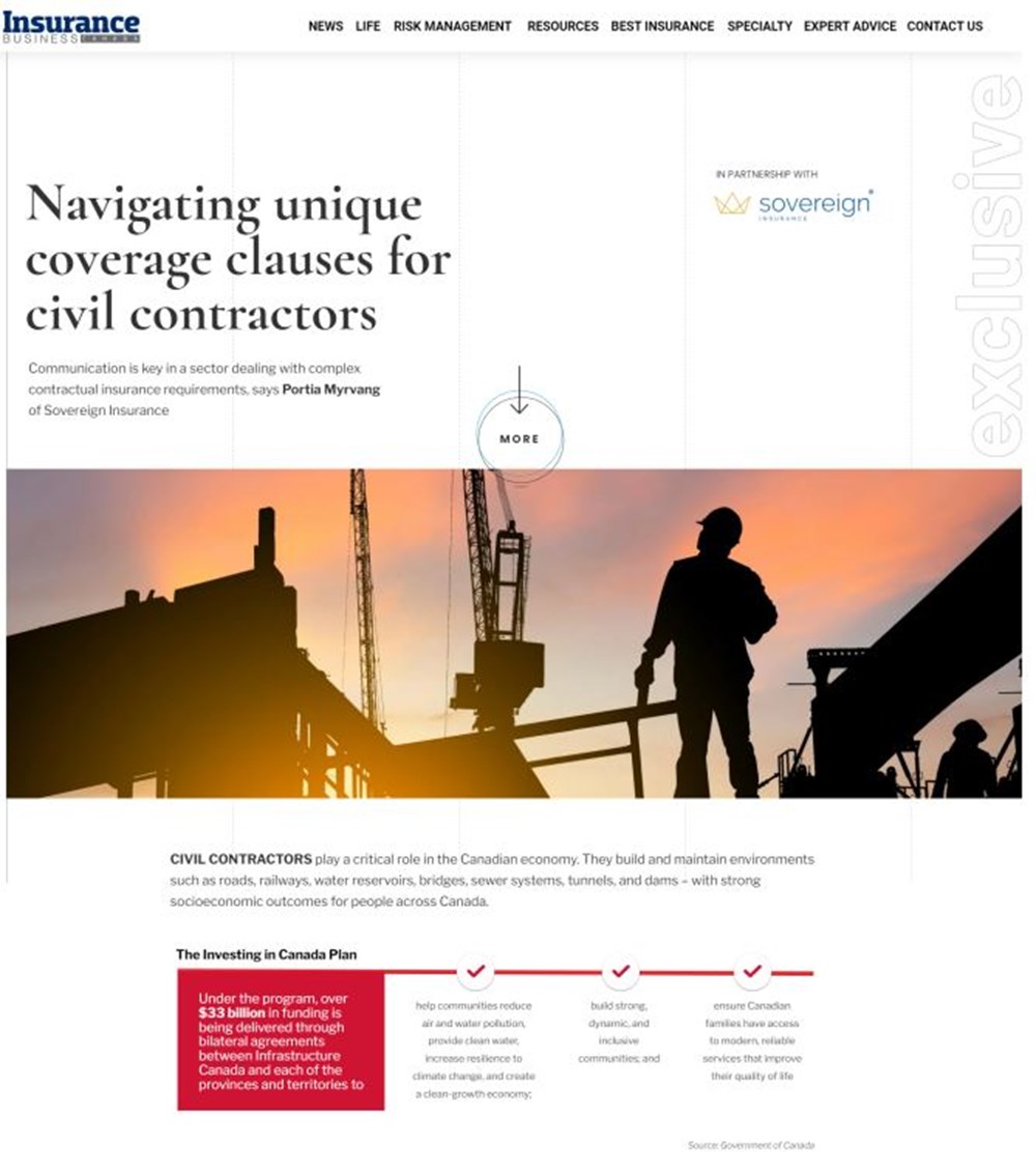 Capture d'écran d'un article paru dans le magazine "Insurance Business Canada". Il est intitulé "Navigating unique coverage clauses for civil contractors". Il est rédigé en anglais